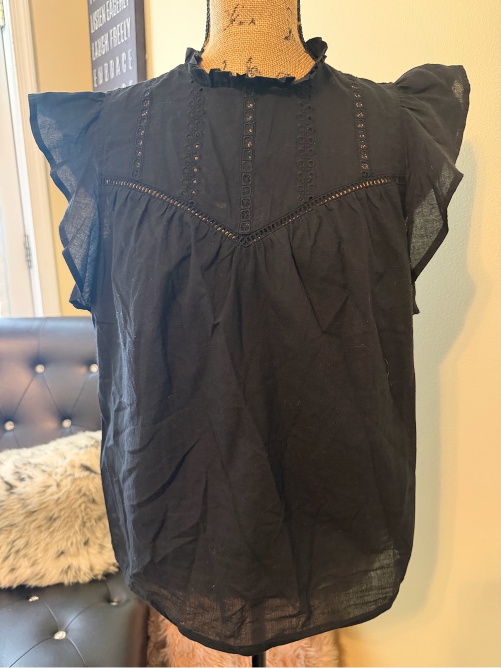 Express Black Lace-Trim Flutter Sleeve Blouse